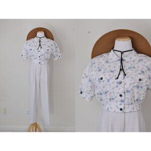 Vintage 90s Crop Floral Cotton‎ Shirt by Jolly USA | size Medium